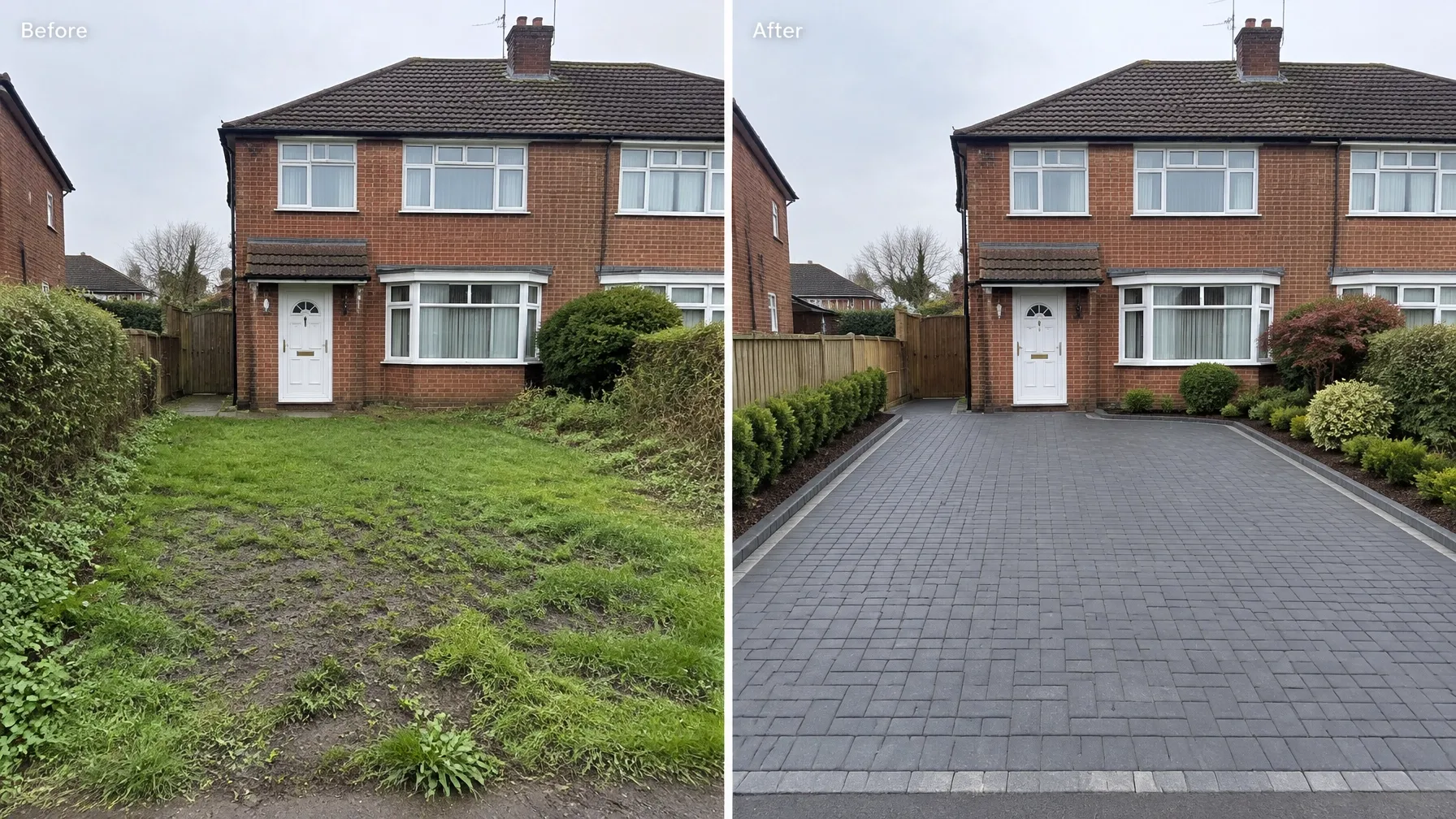 Before and after of a front garden converted into a block paved driveway