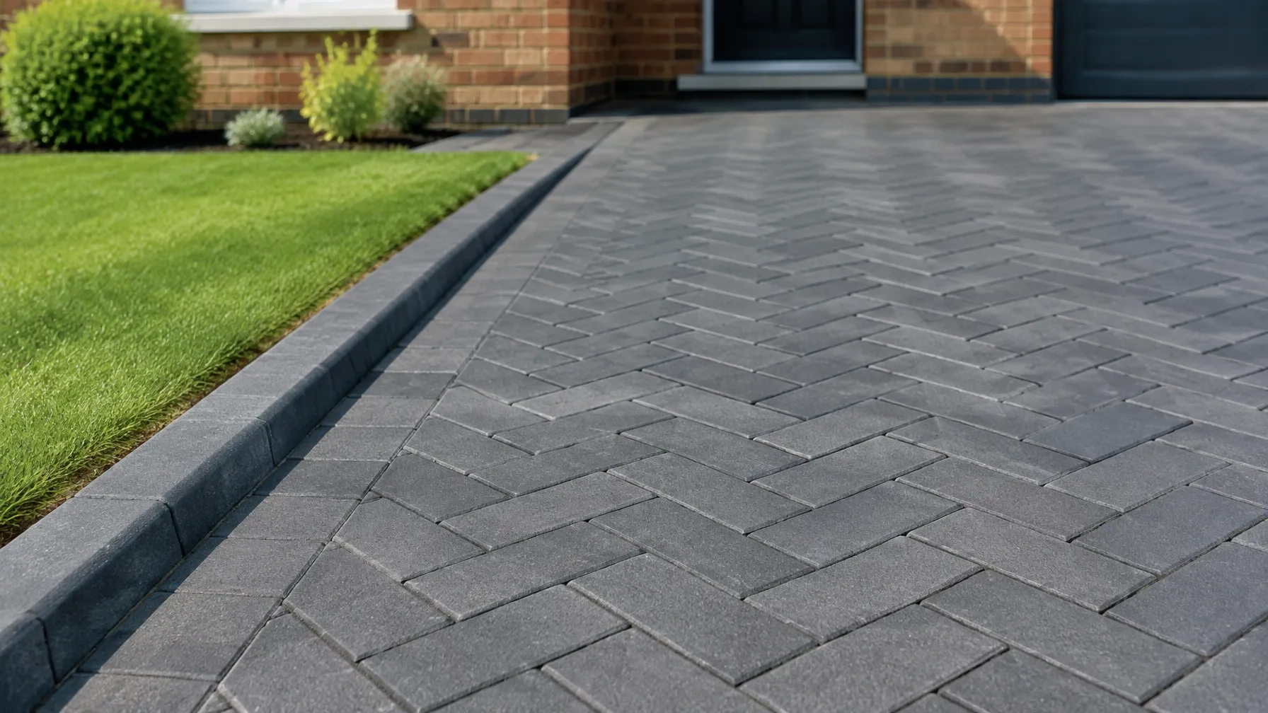 Dark block paving beside a lawn