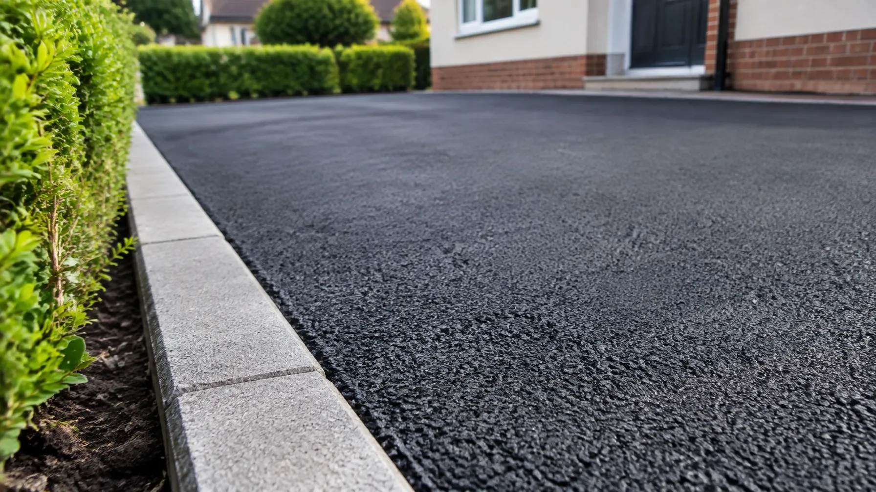 Fresh tarmac driveway beside a clipped hedge