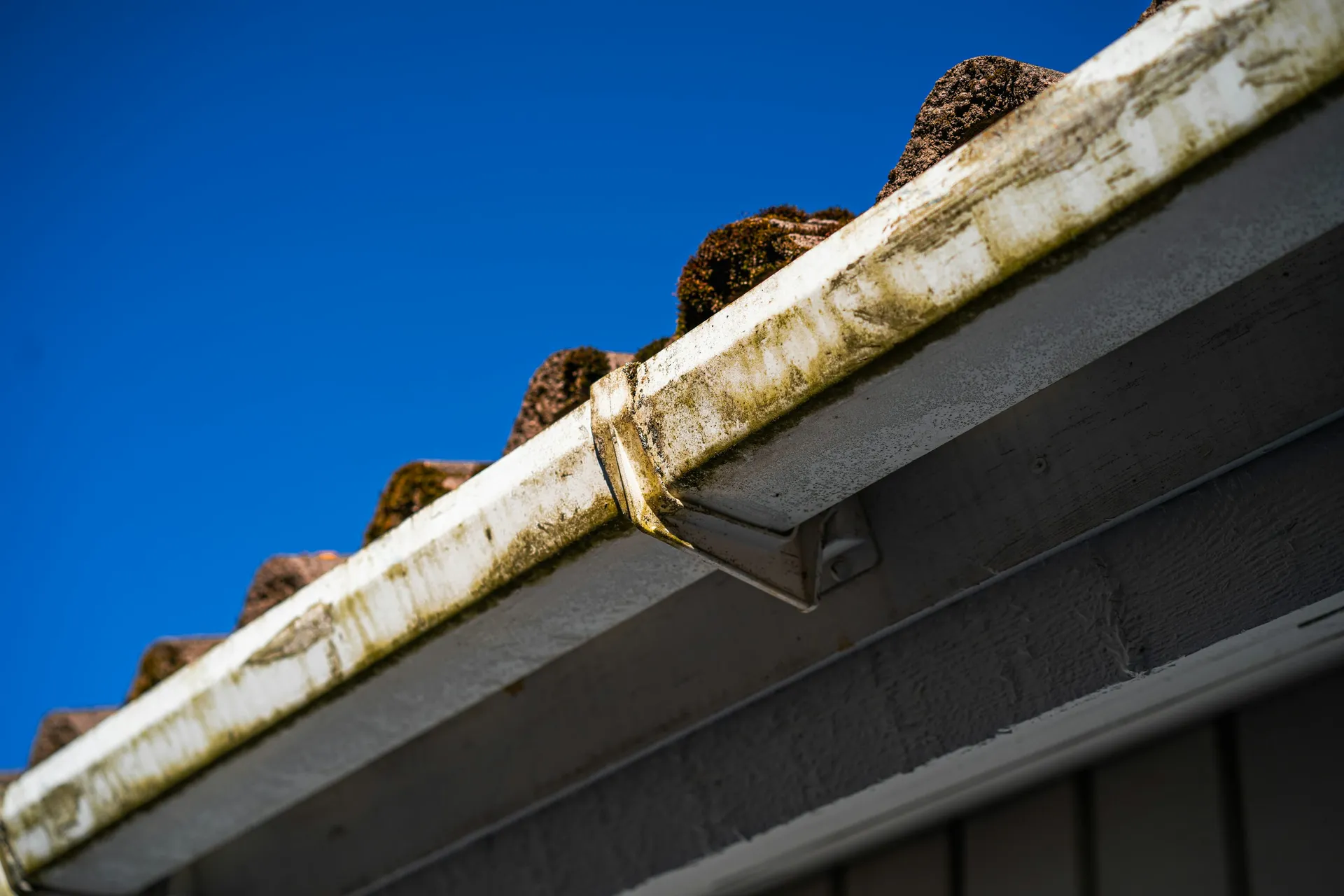 A house gutter running along the roofline against a clear blue sky