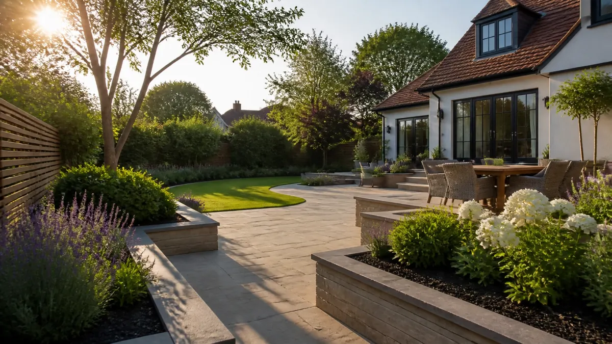 A bright, leafy garden with a paved path and lawn